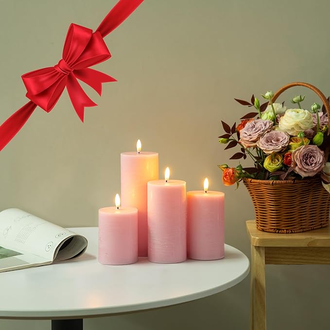 Flameless Candles, 4 Pack Battery Operated Candles with Remote, Real Wax LED Fake Candles with Timer Flickering for Christmas Wedding Home Party D3 H 5" 6" 7" 9" Pink