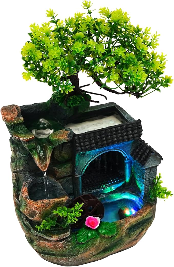 7.87in Tabletop Waterfall Lamp, 120v Color-Changing LED Lights, Hand-Carved Resin Landscape, Us Plug, Chasing Waterfalls for Home Office Desk Decor (Modern Style)