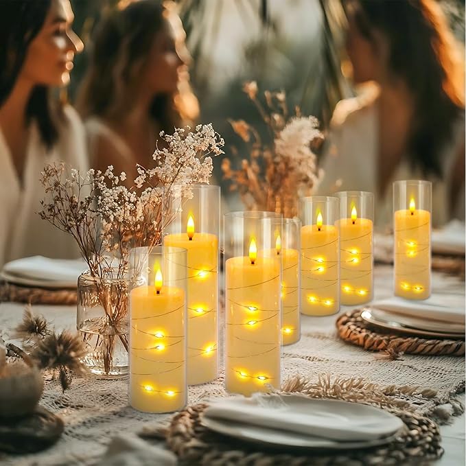 24 Pcs LED Flameless Candles with Remote, 3D Flickering Flame & LED String Lights, Acrylic Clear Cylinder, Timer Function, Romantic Ambience for Home Decor, Party, Wedding.
