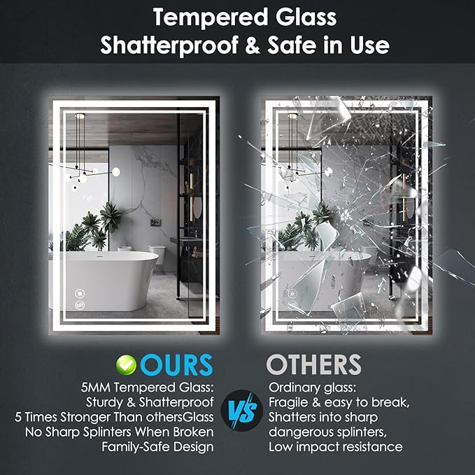 24“ x 36” LED Bathroom Mirror with Lights Front and Backlit Anti-Fog Dimmable 3 Colors LED Mirror for Bathroom Memory Function Smart Mirror Wall Mounted Horizontal/Vertical ETL Listed