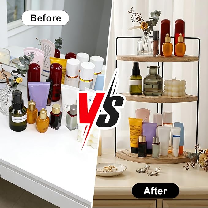 Corner Bathroom Counter Organizer Countertop Brown, 3-Tier Corner Shelf Wood Vanity Tray Easy Assembly Space Saving Shelf for Kitchen, Bathroom, Dresser, Makeup, Office