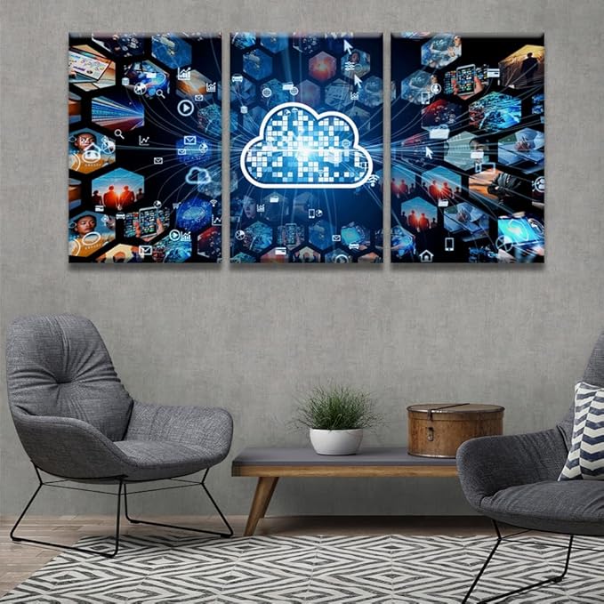 LSIUHWUWI 3 Pieces Wall Art for Living Room Cloud Computing Concept Communication Network Prints for Home Wall Decor, Posters for Home Hotel Wall Decoration, Framed Ready to Hang, 16x24inchx3
