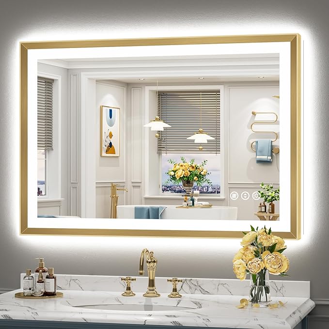 44x30 Gold Beveled LED Bathroom Mirror with Lights, Brushed Gold Framed Backlit and Front Lit Anti-Fog Lighted Vanity Mirrors for Bathroom Wall, Dimmable, 3 Colors, Memory, HD Tempered Glass