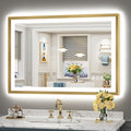 44x30 Gold Beveled LED Bathroom Mirror with Lights, Brushed Gold Framed Backlit and Front Lit Anti-Fog Lighted Vanity Mirrors for Bathroom Wall, Dimmable, 3 Colors, Memory, HD Tempered Glass