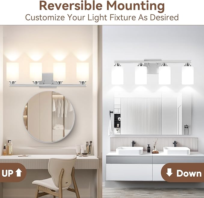 Brushed Nickel 4-Light Bathroom Light Fixtures, 27" Modern Vanity Lights Over Mirror with Milky White Frosted Glass Shade, Classic Wall Light Fixture for Mirror Living Room Cabinet Bedroom Porch