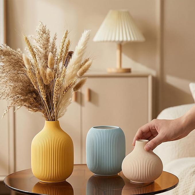 Set of 3 Small Matte Vibrant Ceramic Vases in Light Blue, Mustard Yellow and Beige - Modern Minimalist Ribbed Decor for Centerpiece, Farmhouse Living Room, Kitchen Shelf, Gift Idea