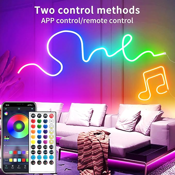 65.6FT LED Neon Rope Lights,24V RGB LED Neon Lights with Remote/APP Control,IP65 Waterproof Flexible Neon LED Strip Lights for Bedroom Room DIY Decoration（with Snap &Screws）