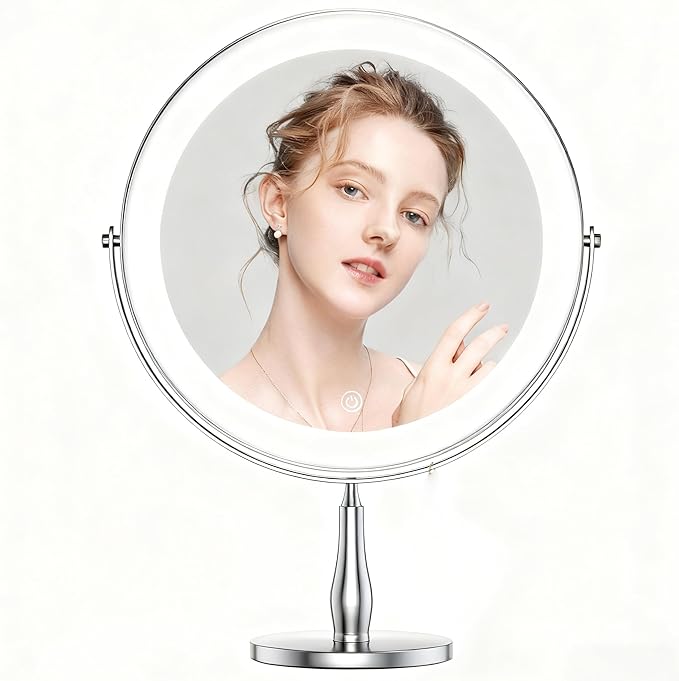 11.8" Extra Large Lighted Makeup Mirror, 1X/10X, 2-Sided Magnifying Mirror with 96 LEDs, 3 Color Dimmable Lights, 360° Swivel, LED Vanity Mirror, White - Great Gift Chrome