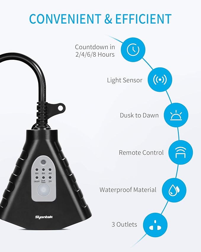 Outdoor Light Timer, Waterproof Outdoor Remote Control Outlets, Dusk to Dawn Light Sensor and Countdown Timer, 100 ft Range Remote Control with 3 Ground Outlets, ETL Listed