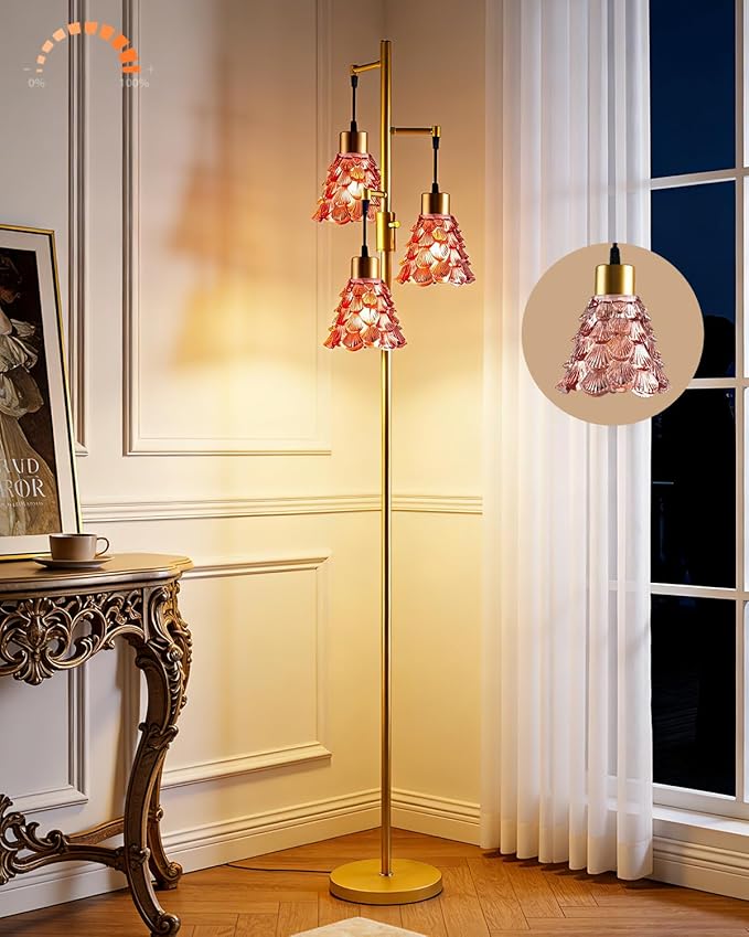 Glass Floor Lamps for Living Room, 67'' 3-Light Dimmable Floor Lamp with Rose Red Glass Shade& E12 Bulbs Included, Mid Century Standing Tall Lamp for Bedroom/Sofa Beside/Corner Decor-Gold