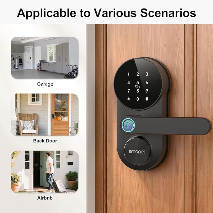 Keyless Entry Door Lock with Lever Handle: SMONET WiFi Smart Locks for Front Door Keypad Lever App Remote Control 2-Pack,Fingerprint Smart Deadbolt,Auto Lock,Black