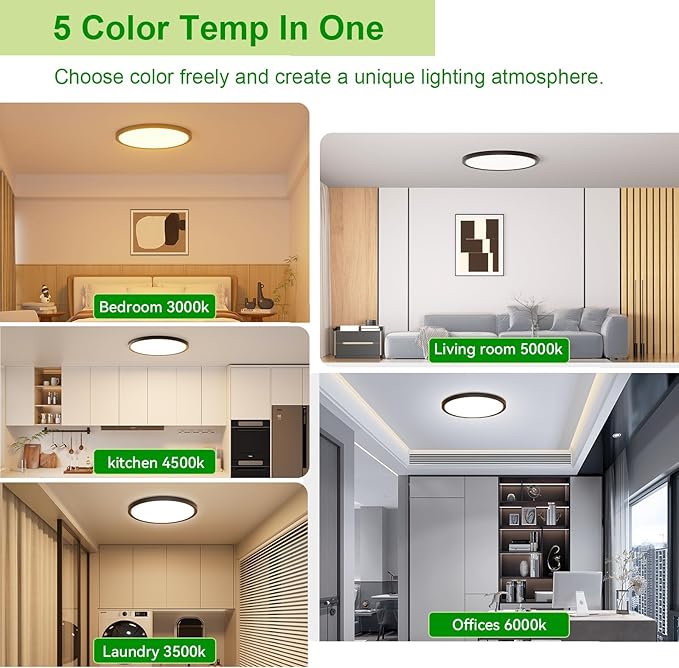 Hunhun 2 Pack 3200lm LED Flush Mount Ceiling Light 28W 12 Inch 5CCT Adjustable Super Slim 0.87 inch Round Ceiling Lamp for Bedroom, Living Room, Kitchen, Laundry - Black