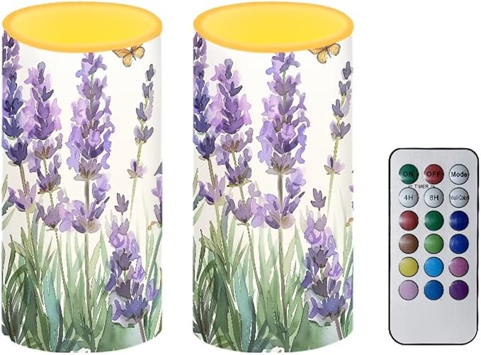 Lavender Flameless Candles 2 Pack 6 x 3 inch Battery Operated Candles with Multicolor Timer Remote Control LED Fake Candles for Warm Light Dinner Table Home Decor