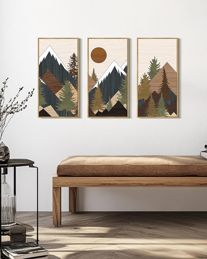 KUVIOKE Large 12x24in Wooden Mountains Range Landscape Wall Art Framed Tree Nature Wall Decor Farmhouse Rustic Prints Kitchen Living Room Ready to Hang Natural Framed
