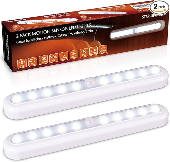 STAR-SPANGLED 11” Motion Sensor Lights Indoor AA Battery Operated, Stick on LED Light for Closet, Stairs, Under Cabinet, Kitchen, Cool White, 2 Pack