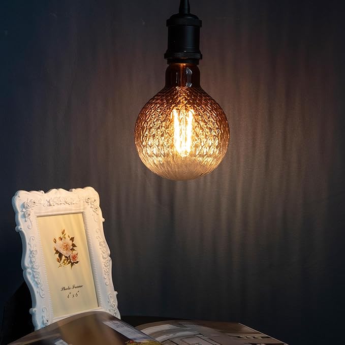 Vintage Edison LED Bulbs, Dimmable 4W Globe G125, 2200K Warm White Ambient Mood Lighting for Decoration, Squirrel Cage Filament, Gradient Brown Diamond Figure Glass LED Light Bulbs, E26 Base