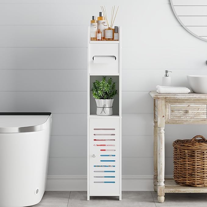 VECELO Storage Cabinet for Small Spaces,Skinny Toilet Paper Holder Stand with Anti-Drop Fence and Roller Storage, White