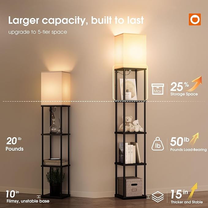 addlon 5-Tier Floor Lamp with Shelves, Standing Bookshelf Lamp with 3 Color Temperature, Corner Display Floor Lamps for Living Room, Bedroom and Office (70'' H, Black)