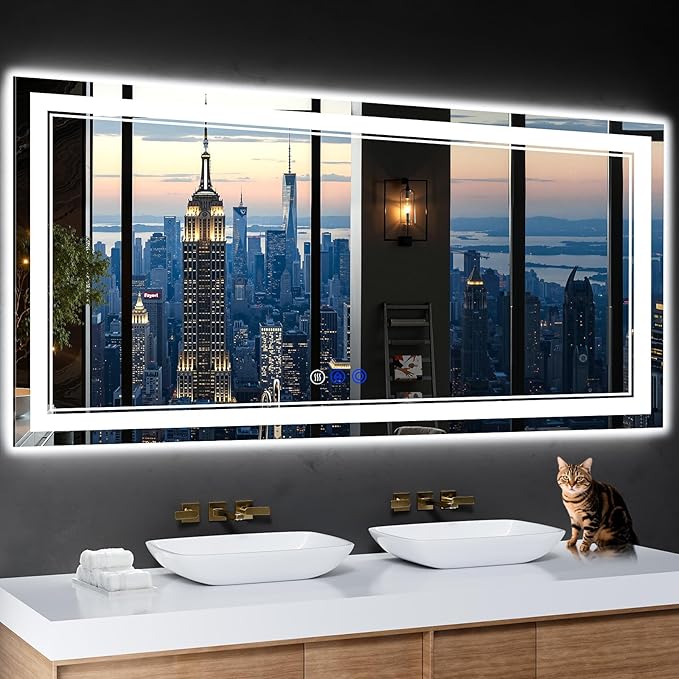 60"x28" LED Bathroom Mirror with Anti-Fog, Stepless Dimmable Lights, 3 Color Modes, Shatter-Proof Tempered Glass,Waterproof Design
