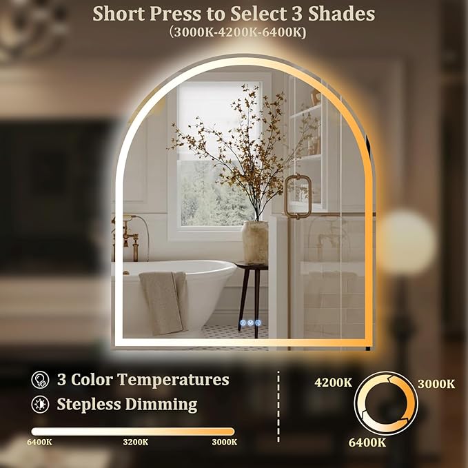 BEAUTYPEAK 34x30 LED Arch Bathroom Mirror with Lights, Anti-Fog, Dimmable, Backlit + Front Lit, Lighted Bathroom Vanity Mirror for Wall, 3 Colors, Memory Function, Tempered Glass, Shatter-Proof