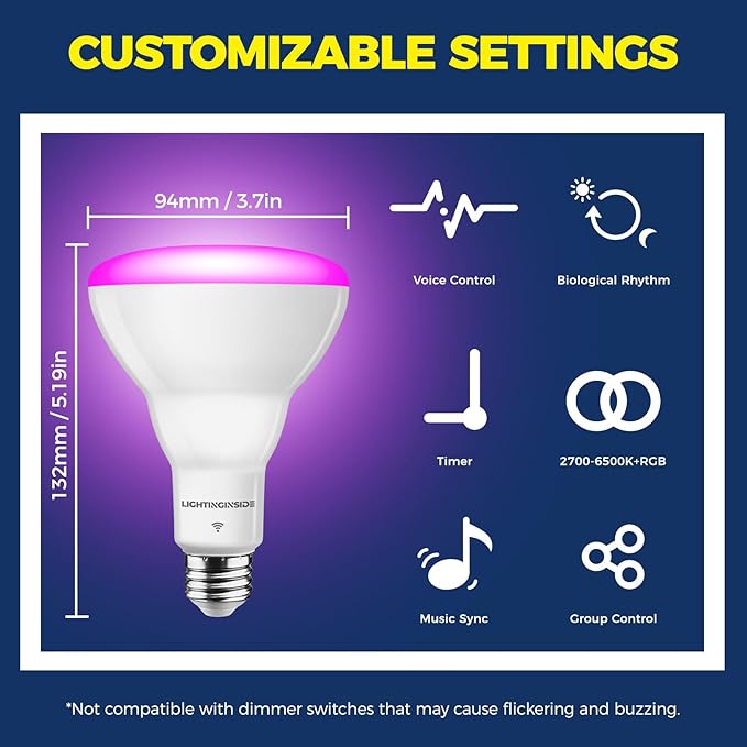 Lightinginside Smart Light Bulb 1100LM, RGBCW BR30 E26 Bulb Works with Alexa/Google Home/SmartLife, 2.4G WiFi Bluetooth Recessed Flood LED Bulbs 12W, No Hub Required, 75W Equivalent, ETL Listed, 4PCS