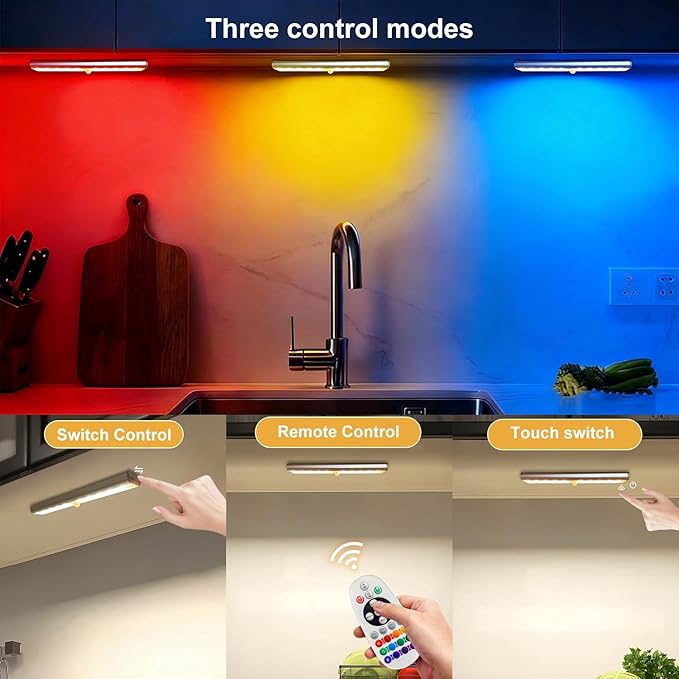 Under Cabinet Lights with Remote Control,15 Colors Under Cabinet Lighting Wireless,Rechargeable Battery LED RGB Night Light Bar withTimer,Dimmable Under Counter Lights for Indoor Kitchen,3Pack