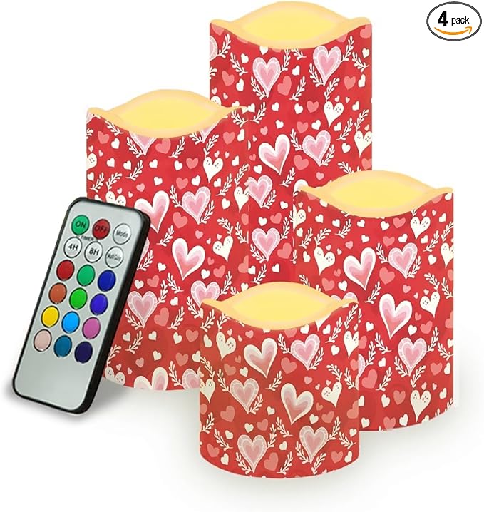 Red Heart Pattern Flickering Flameless Candles with Remote LED Pillar Candles Battery Operated with Timer Color Changing Electric Candles Valentine's Day Decoration