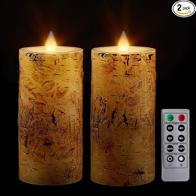 Birch Bark Wax Flameless Candles with Remote Timer, Last 400-Hour with 2AA Batteries, 3D Moving Flame Led Candles, Set of 2(3''x6''), Remote Included(Birch bark).