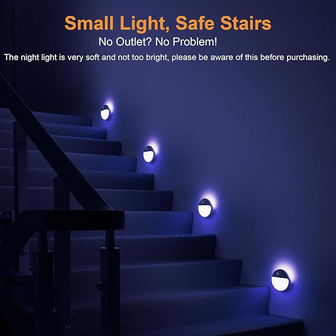 2 Pack Blue Battery Night Light, Motion Activated Stick on Lights, 2.6" Small Travel Night Light, 3 Light Modes, Very Dim, Dimmable Battery Operated Lights for Toilet, Bathroom, Kids, Game Room
