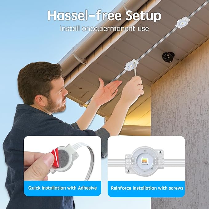 50FT Permanent Outdoor RGB Lights,Waterproof Smart LED Eaves Lights with App/Remote Control,for Christmas and All Holiday Decor,Daily and Accent Lighting,House Roof and Garden Lighting