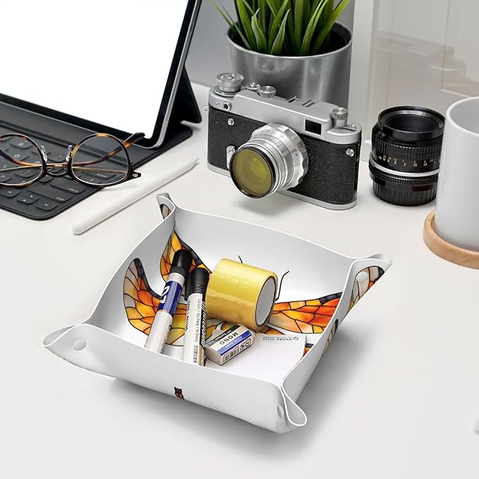 Stained Glass Dragonfly Simple Minimal Valet Tray Leather Desktop Storage Organizer Bedside for Jewelry Keys Coin Candy
