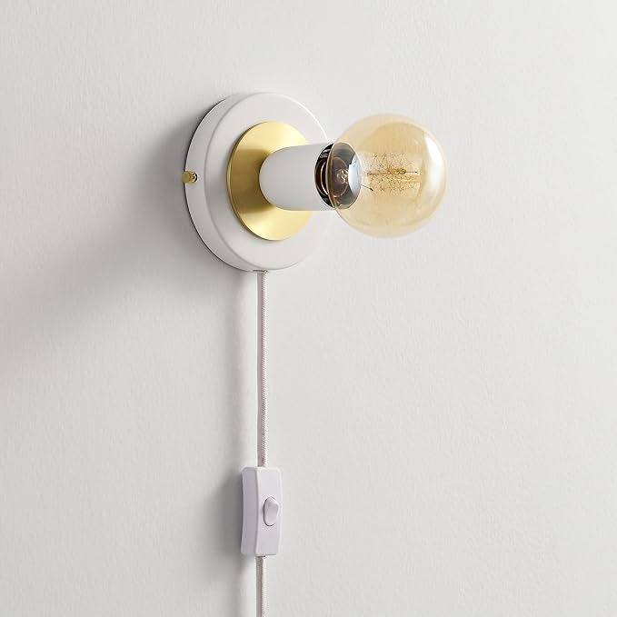 BRIGHTTIA Luna 1-Light Plug-in Wall Sconce - Mid Century Modern Minimalist Bedroom Home Office Lighting - Portable Wall Lamp for Apartments & Small Spaces with No J-Box - White & Gold (BW0026-1WGP)