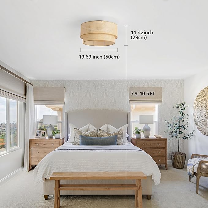 20 Inch Boho Caged Ceiling Fans with Lights Flush Mount, Rattan Ceiling Fan with Light Remote Control with Reversible 6 Speeds for Bedroom, Nursery, Living Room, E26, Base, Indoor