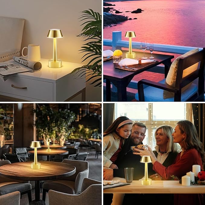 2 Pack Small Cordless Table Lamp, Battery Operated Gold Lamp for Restaurant Dinner Table, Rechargeable 3-Way Dimmable Touch Light Portable Metal Night Light for Bedside Dining Room Patio Bar Outdoor