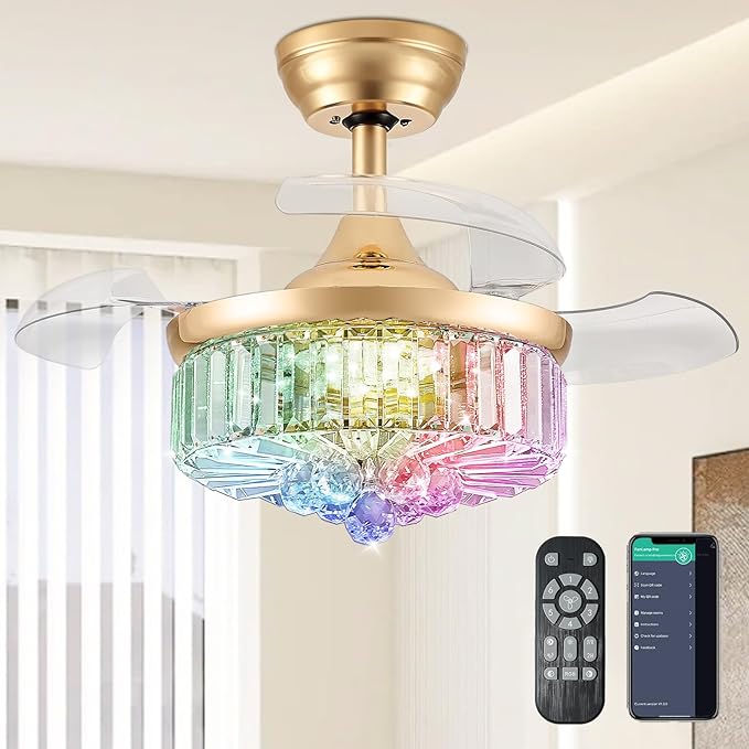 30" Retractable Crystal Ceiling Fan with Light, RGB Modern Fandelier 6 Speeds Reversible Blades Dimmable Chandelier Ceiling Fan with Remote App Control Memory Timer Gold