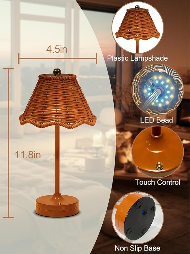 Cordless Table Lamps,Rechargeable LED Reading Light,Small Desk Lamp with 3 Color Touch Control,Vintage Boho Lamp,Dimmable Night Light for Living Room Bedroom Office Decor (2 Pack)