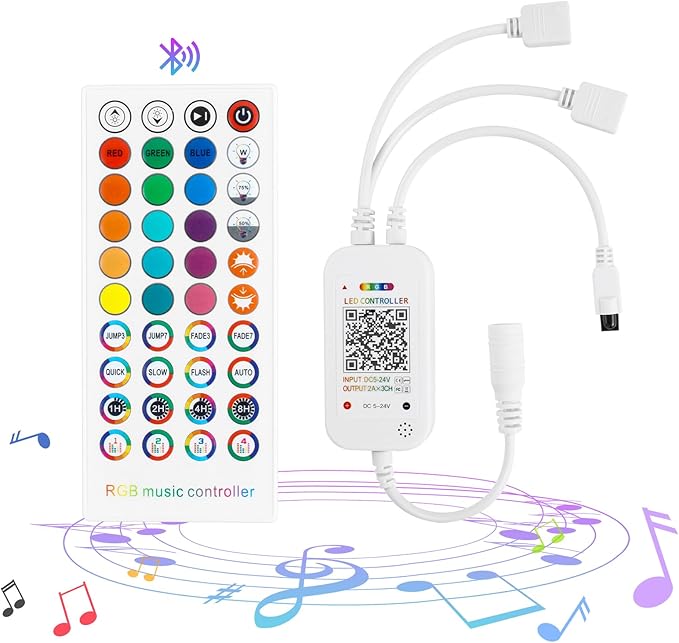 Smart Bluetooth LED Controller,RGB Music LED Strip Lights Controller,4-PIN IR Remote Control 40-Keys for 5-24V SMD 5050 3528 RGB LED Strips