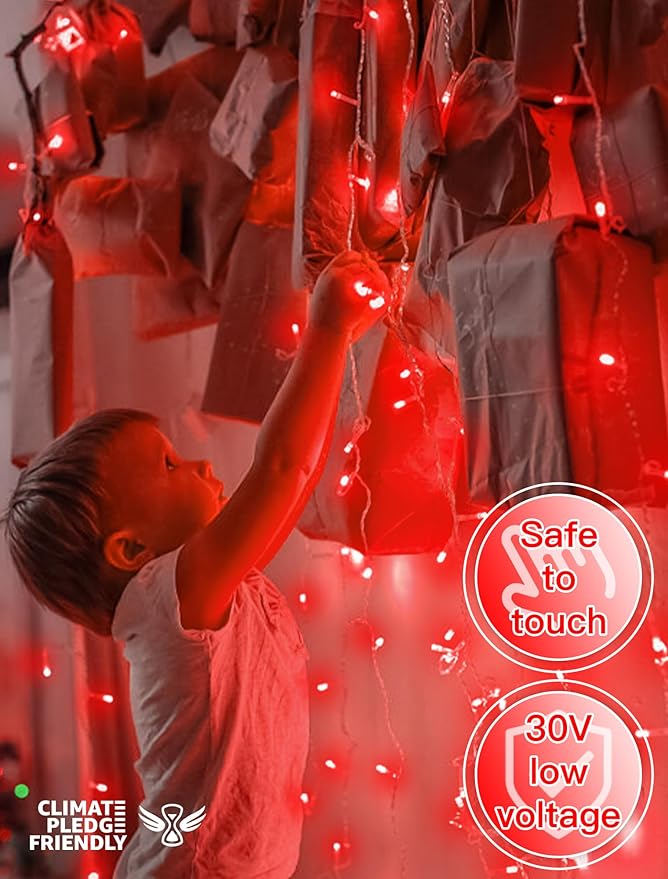 String Lights Indoor Bedroom, 33FT 100 LED Fairy String Lights Outdoor Waterproof, 8 Modes Memory Twinkle Christmas Light Plug in for Classroom Dorm Patio Tree Garden Decor (Red)