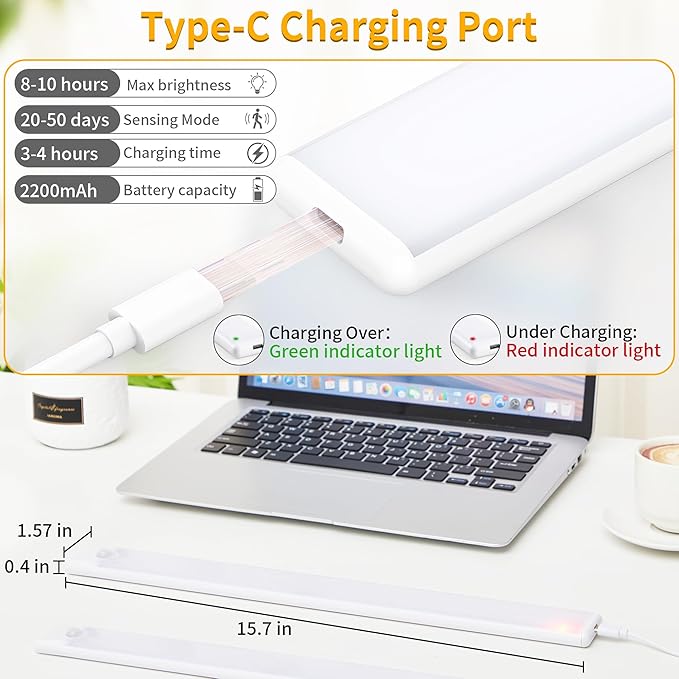 Wireless Under Cabinet Lighting 16 Inch 3 Pack, Magnetic Motion Sensor Light Indoor USB C Rechargeable Closet Lights, 3 Color Dimmable LED Night Light Stick on Under Counter Lights for Kitchen Stairs