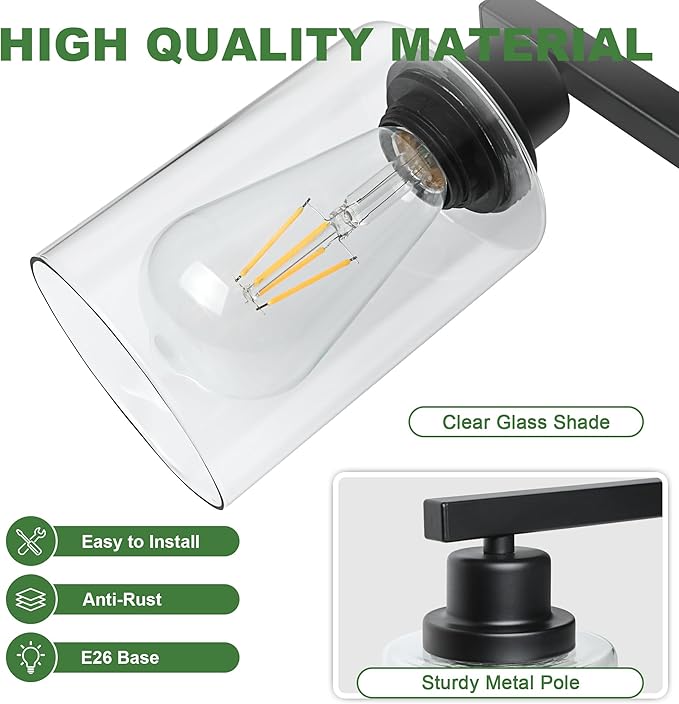 Ascher 5-Light Bathroom Light Fixtures, 33 Inch Vanity Lights with Clear Glass Shade, Modern Black Finish Wall Light for Mirror Bedroom Hallway Cabinet Porch