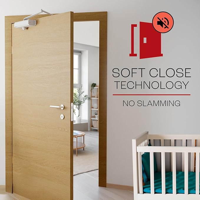 PrimeWare DC-600 Automatic Adjustable Door Closers for Home | Soft Close, No Slam | Residential and Commercial Door Closer | Level 1-6 | for Doors Weighing 30-300 lbs | Hydraulic Door Spring - White
