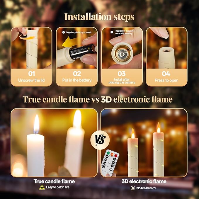 6 Pcs Flameless Taper Candles, Battery Taper Candles Flickering Flame with Embedded Star String, Candle Sticks Battery Powered with Remote Control, Timer Function Ideal for Easter (Ivory)