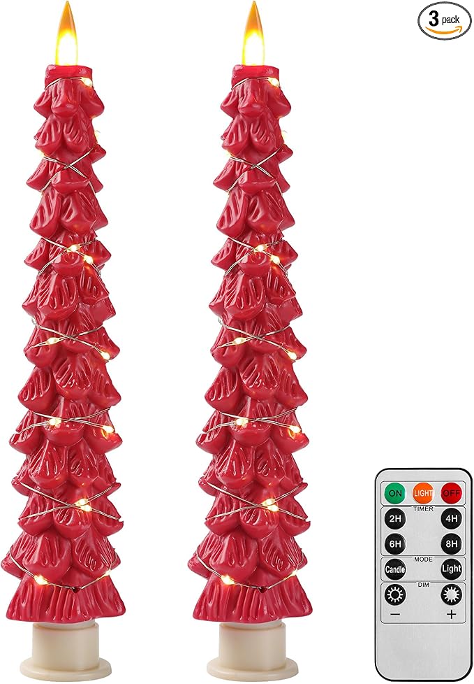 Christmas Tree Candles Surrounded by Fairy Lights, LED flameless Candle Lights with Remote Control Timing Function. red