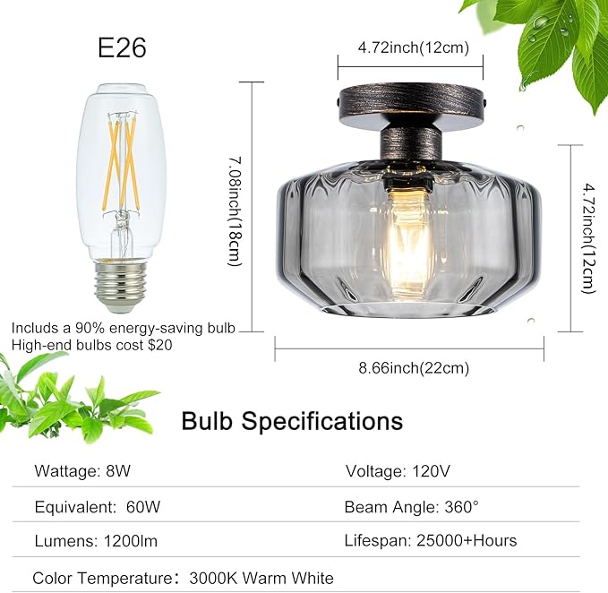 Tbaoinal Semi Flush Mount Ceiling Light Textrued Smoked Glass Shade Matal Base Inclede LED Bulb,for Kitchen/Hallway/Entryway/Bathroom for a Black Champagne Gold