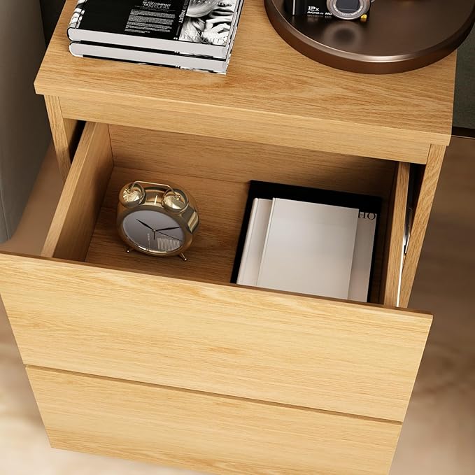 FAMAPY Modern Nightstand with 2 Drawers, Bedroom Storage Cabinet, Modern End Side Table, No Handle Design, for Living Room Natural 15.7”W x 11.6”D x 18.9”H