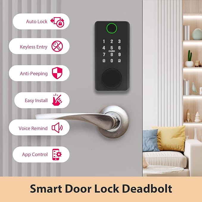 Smart Door Lock Deadbolt with Digital Keypad, Keyless Entry and Fingerprint Lock for Front Door, Bluetooth Electronic Lock with APP Control, Anti-Peeping Password