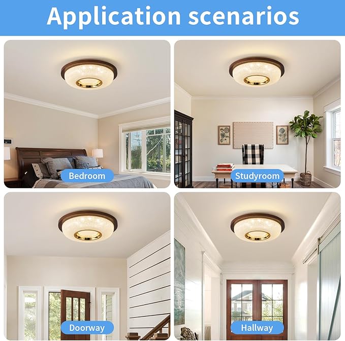 Modern LED Flush Mount Ceiling Light Fixture with Peach Wood Frame Lampshade,Round Ceiling Lights for Bedroom,Hallway and Porch,Farmhouse Ceiling Lamp with 18W 4000K Light Color,12 inch
