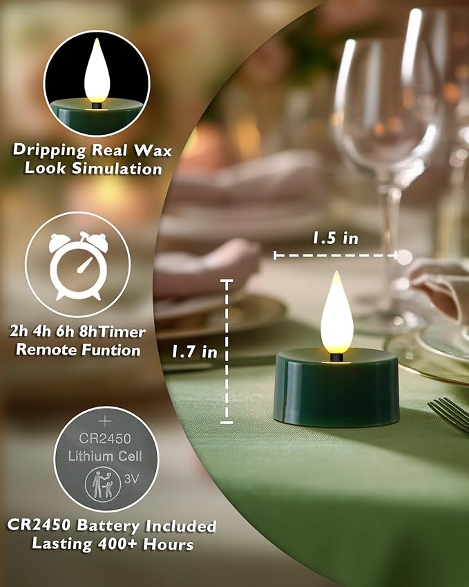 Amagic Flameless Green Timer Remote Tealights Candles, 3D Black Wick Flickering Tea Light, 300+Hour Colored Votive Candles Battery Operated, Set of 12 for Christmas, Theme Party, Holiday, Home Decor