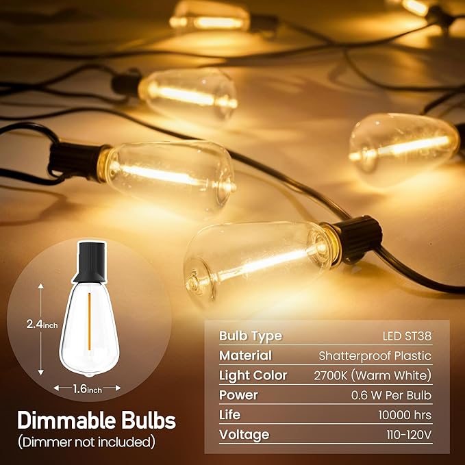 Outdoor String Lights 50 FT 26 Shatterproof LED Bulbs, UL Certified Patio Lights Outdoor Light Strings Waterproof for Patio Yard Outside Party Wedding, Connectable Dimmable 25 Sockets 2700K
