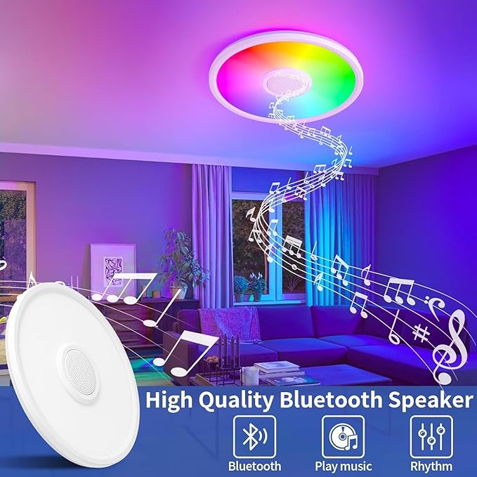 RGB LED Ceiling Light, with Bluetooth Speaker, 24W 11Inch Smart Music Ceiling Lamp with App and Remote Control, 3000K-6500K Color Changing Lights Fixture for Child Bedroom Bathroom, White